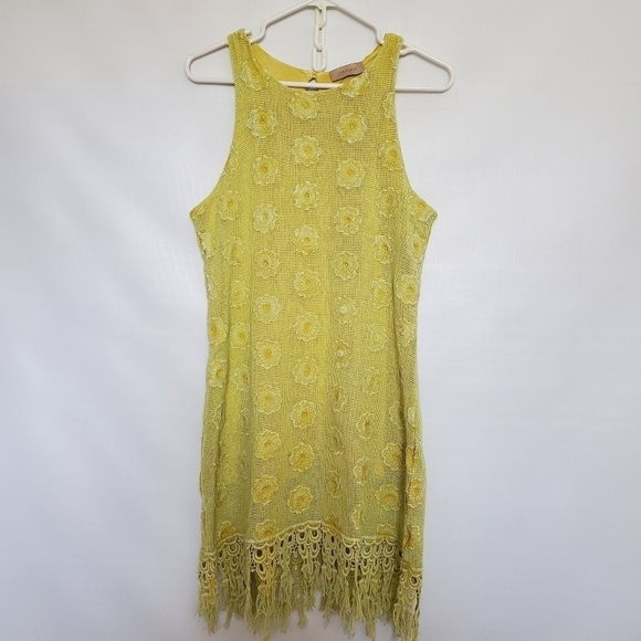 LANGUAGE DRESS SLEEVELESS FRINGE MUSTARD YELLOW EMBROIDERED FLORAL WOMANS ( XL ) - Picture 1 of 15